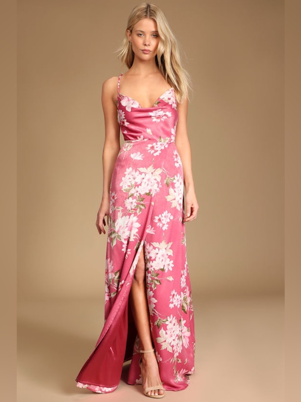 Lulus Love of Romance Pink Floral Print Satin Cowl Neck Maxi Dress New!!! Med